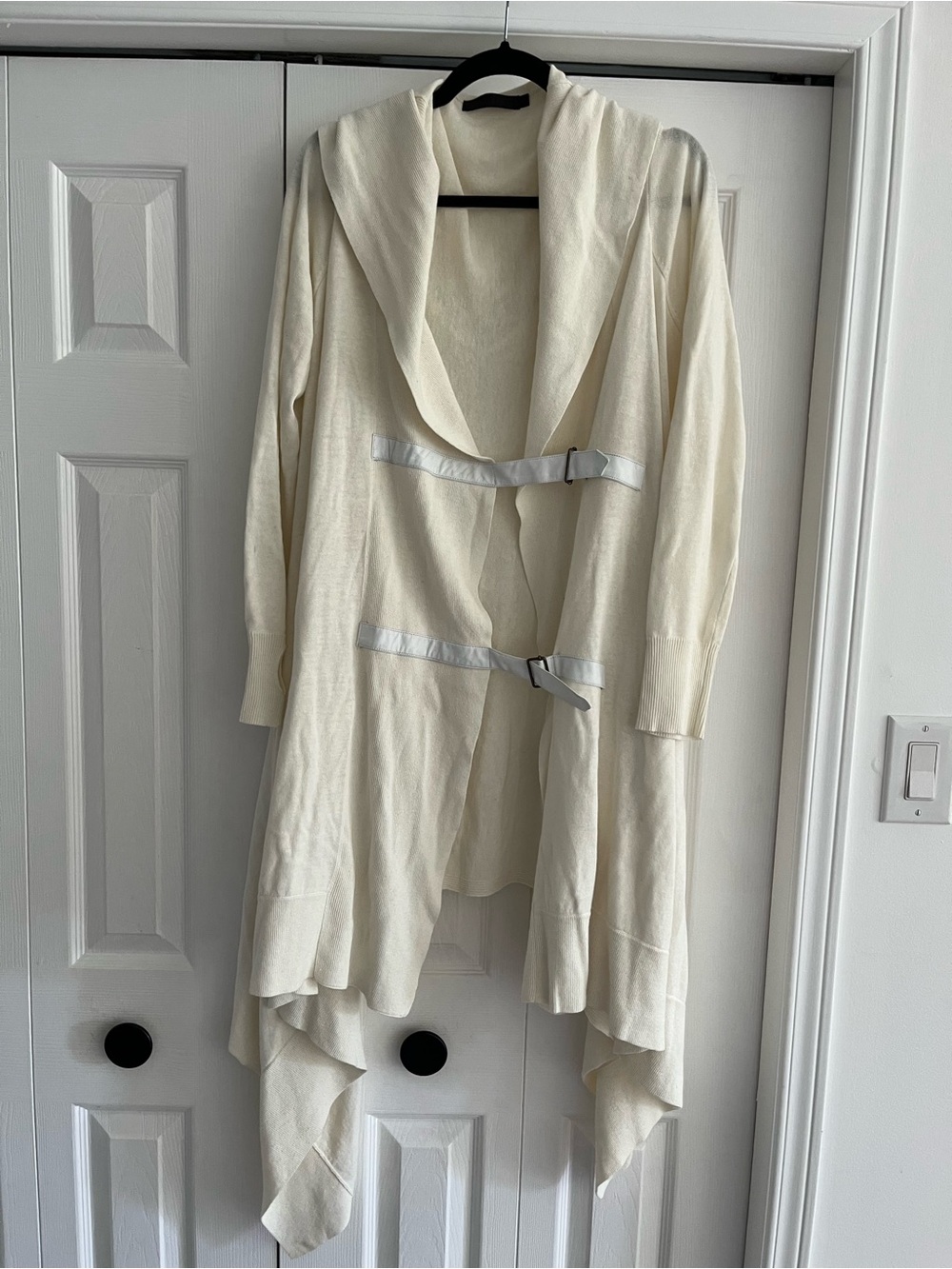 Ivory Drape Front Cardigan with Buckle Details, size L.
